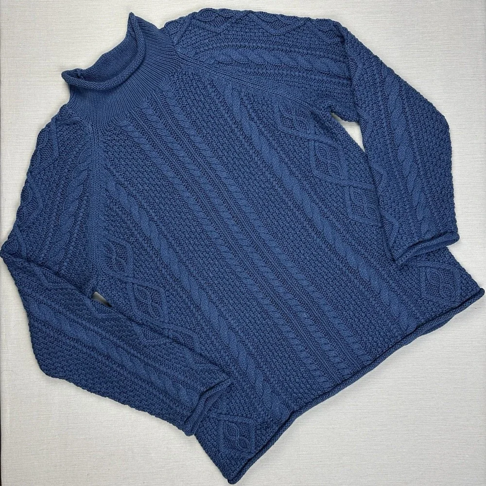 J.Crew Sweater Roll Neck Aran Cable Knit Fisherman Cotton Men Medium Blue Gorp